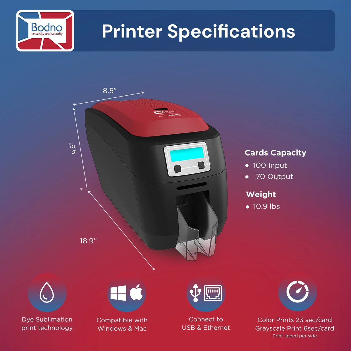 Red and black ID card printer with specs: 100-card input, USB/Ethernet, dye sublimation, Windows & Mac compatible