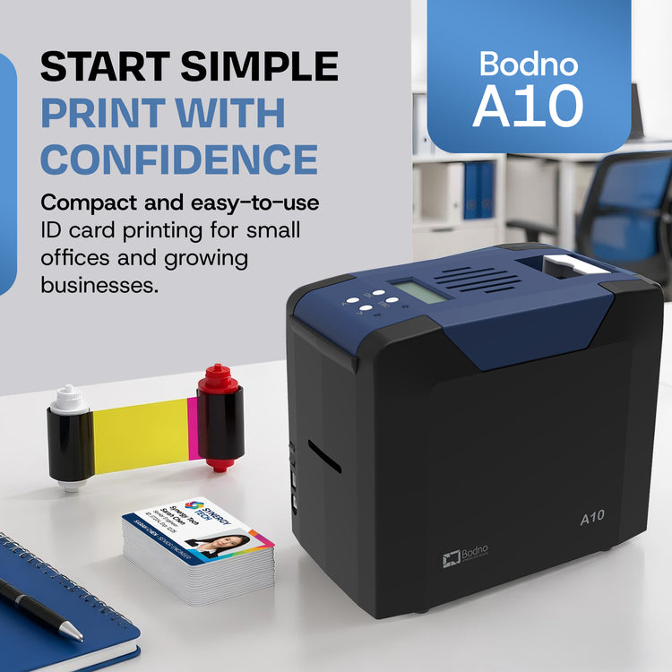 Bodno A10 Single Sided ID Card Printer & Complete Supplies Package with Bodno ID Software - Bronze Edition