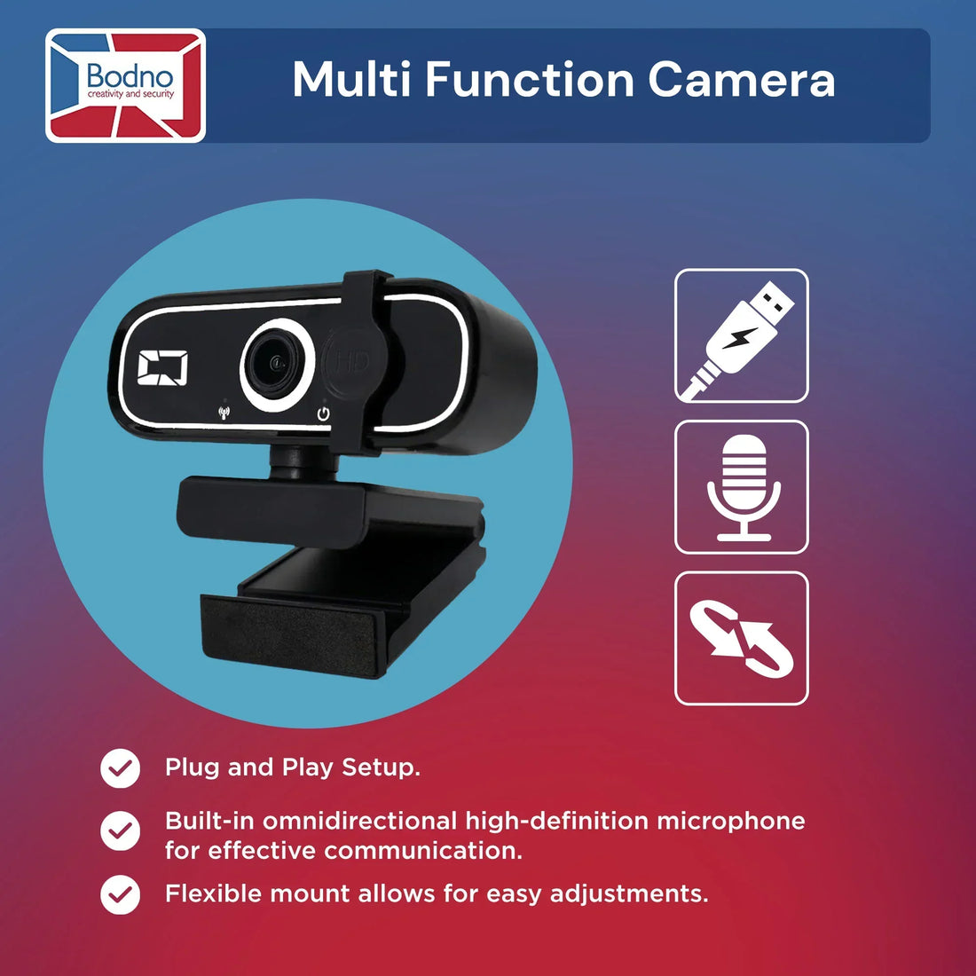 Multi-function HD webcam with built-in mic, USB plug-and-play, flexible mount for easy adjustment