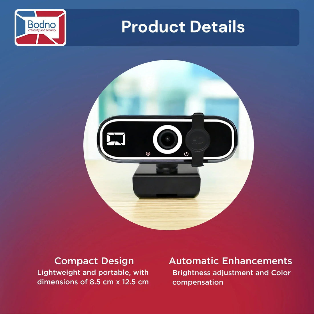 Compact HD webcam with automatic brightness and color adjustment, lightweight and portable design