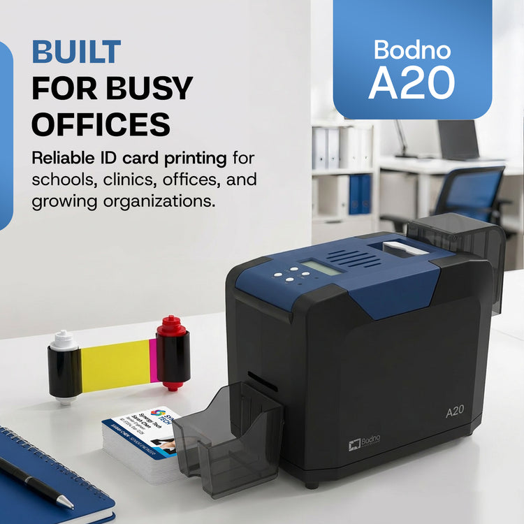 Bodno A20 Single Sided ID Card Printer & Complete Supplies Package with Bodno ID Software - Bronze Edition