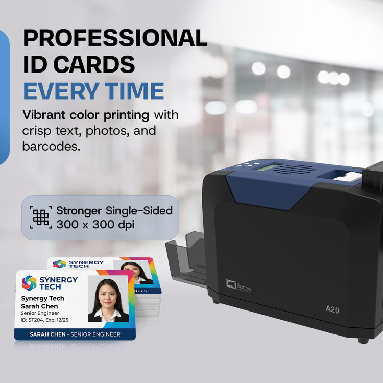 Bodno A20 Single Sided ID Card Printer & Complete Supplies Package with Bodno ID Software - Bronze Edition