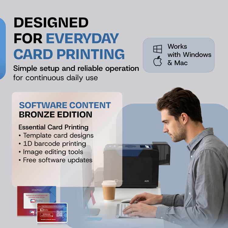 Bodno A20 Single Sided ID Card Printer & Complete Supplies Package with Bodno ID Software - Bronze Edition
