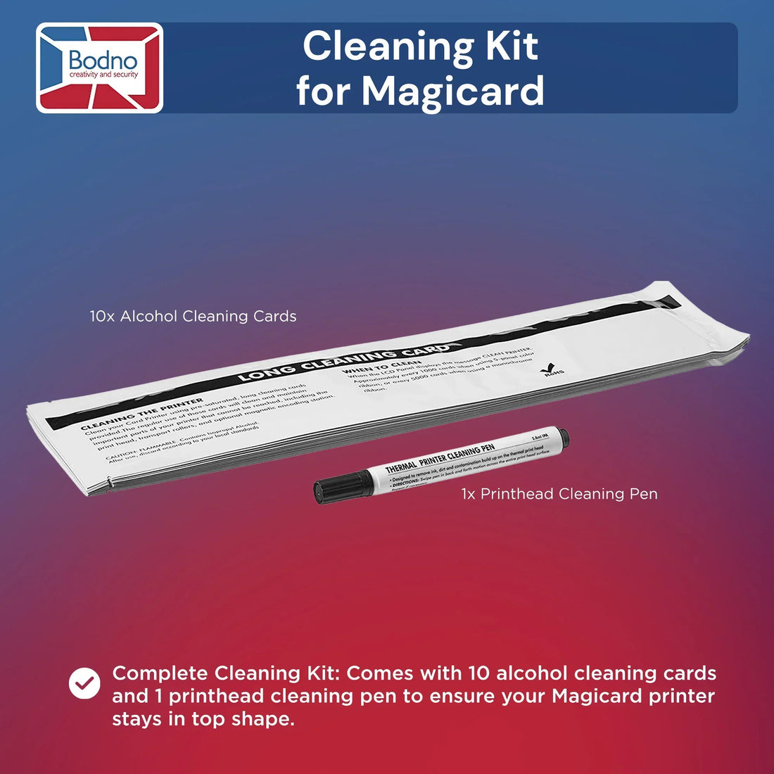 Bodno cleaning kit for Magicard printers with 10 alcohol cleaning cards and 1 printhead cleaning pen