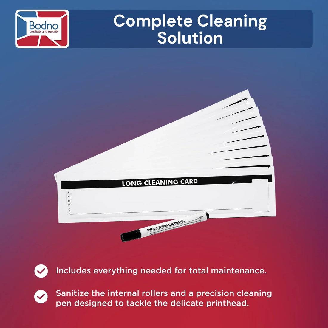 Thermal printer cleaning kit with long cleaning cards and precision cleaning pen for ID card printer maintenance
