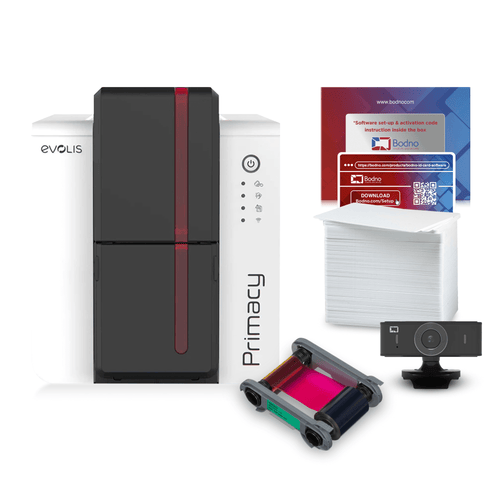 Evolis Primacy 2 Dual Sided ID Card Printer & Complete Supplies Package with Bodno Bronze Edition ID Software