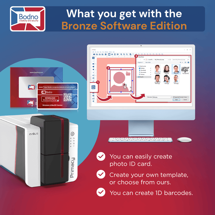 Evolis Primacy 2 Single Sided ID Card Printer & Complete Supplies Package with Bodno Bronze Edition ID Software