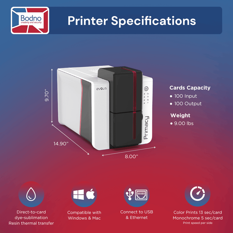 Evolis Primacy 2 Single Sided ID Card Printer & Complete Supplies Package with Bodno Bronze Edition ID Software