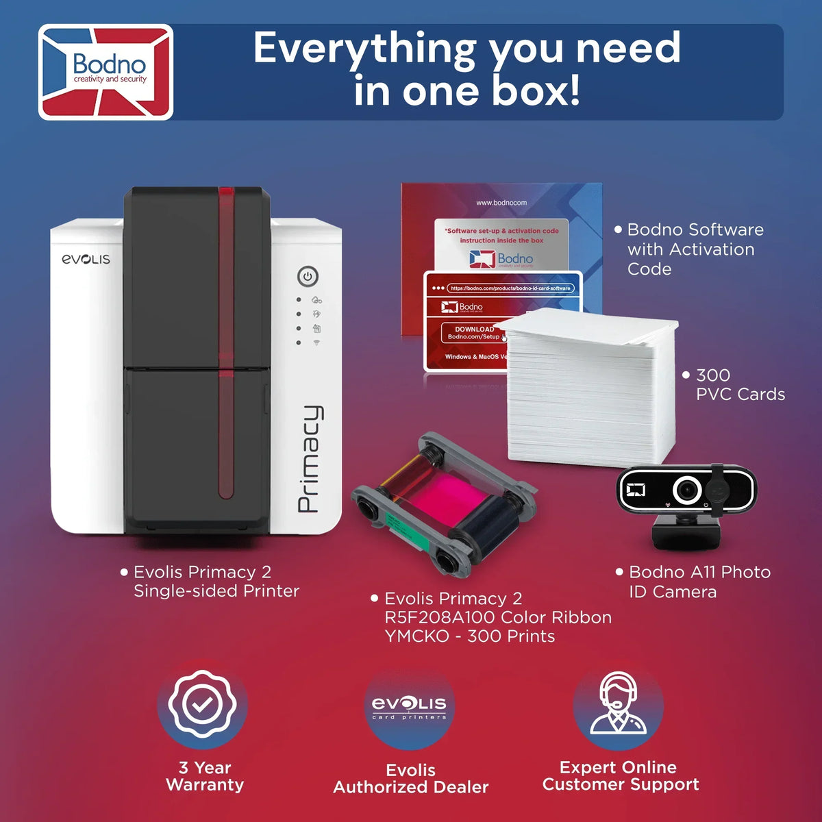 Evolis Primacy 2 ID card printer kit with software, PVC cards, color ribbon, and photo camera for business ID solutions