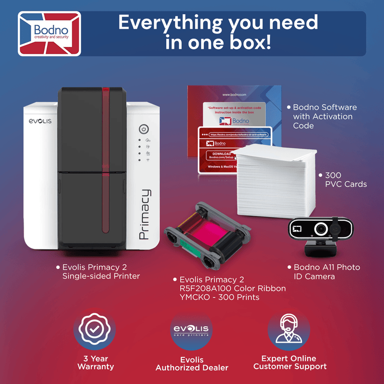 Evolis Primacy 2 Single Sided ID Card Printer & Complete Supplies Package with Bodno Bronze Edition ID Software