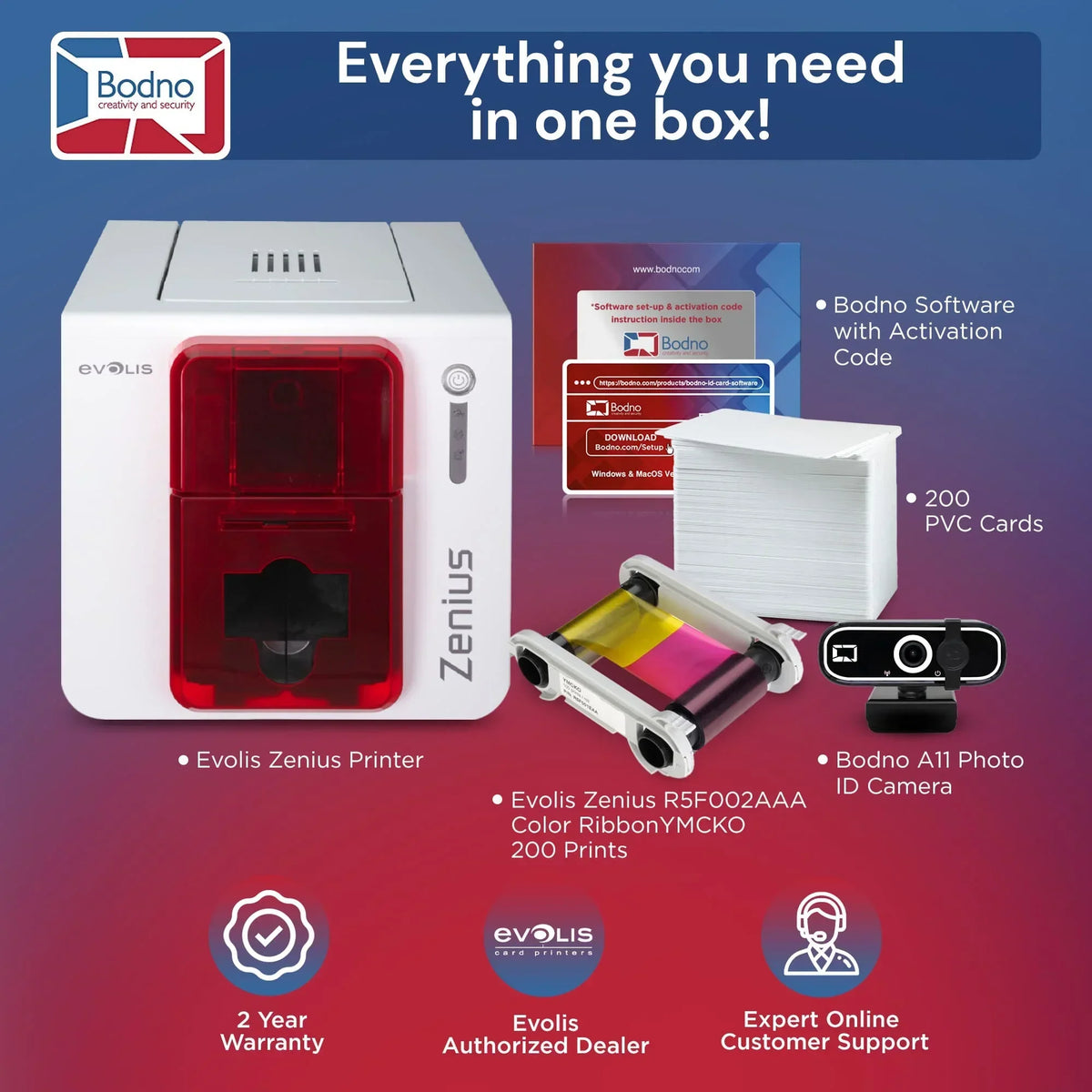 Evolis Zenius ID card printer bundle with software, PVC cards, color ribbon, and photo camera for business ID solutions