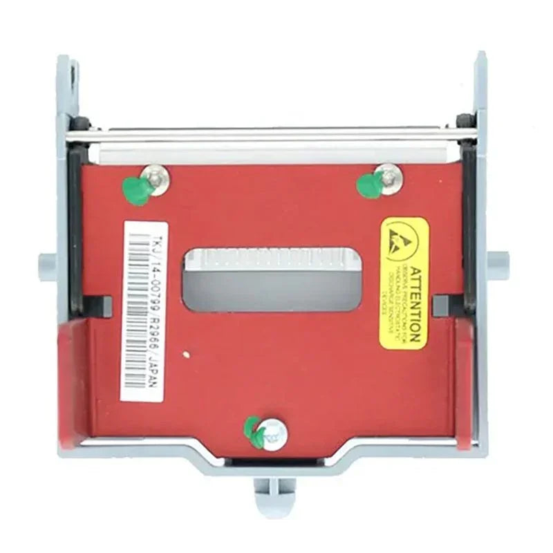 Red ID card printer component with barcode label and attention sticker, compatible with card printing systems.