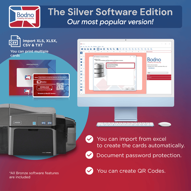 Fargo DTC1250e Dual Sided ID Card Printer & Complete Supplies Package with Bodno Silver Edition ID Software 
