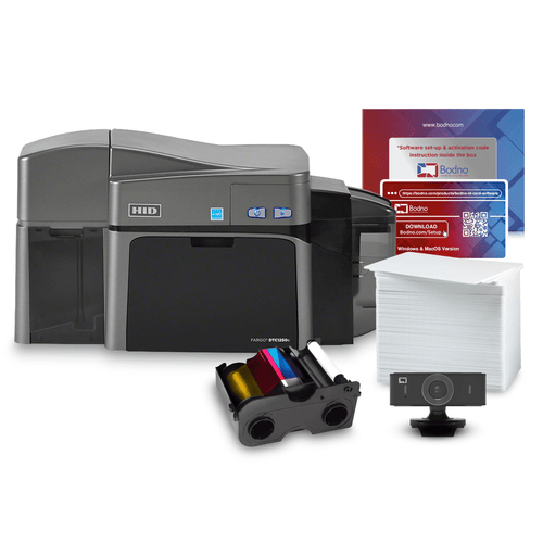 Fargo DTC1250e Dual Sided ID Card Printer & Complete Supplies Package with Bodno Bronze Edition ID Software 
