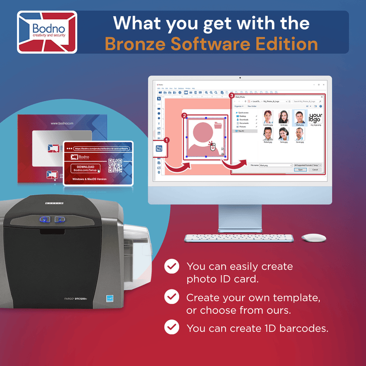 Fargo DTC1250e Single Sided ID Card Printer & Complete Supplies Package with Bodno Bronze Edition ID Software 
