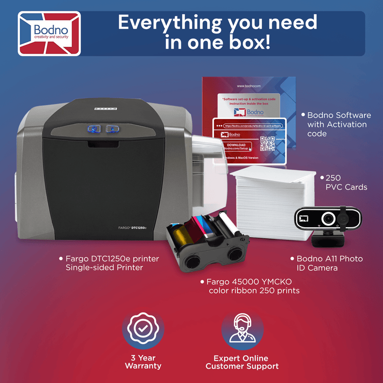 Fargo DTC1250e Single Sided ID Card Printer & Complete Supplies Package with Bodno Bronze Edition ID Software 