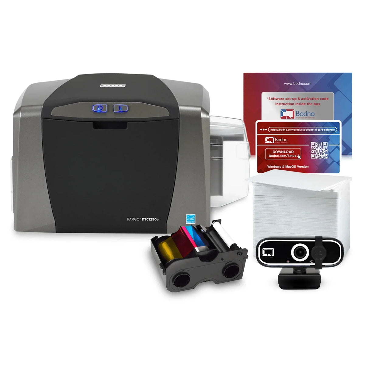HID Fargo DTC1250e ID card printer with ribbon, webcam, blank cards, and software setup guide for business use