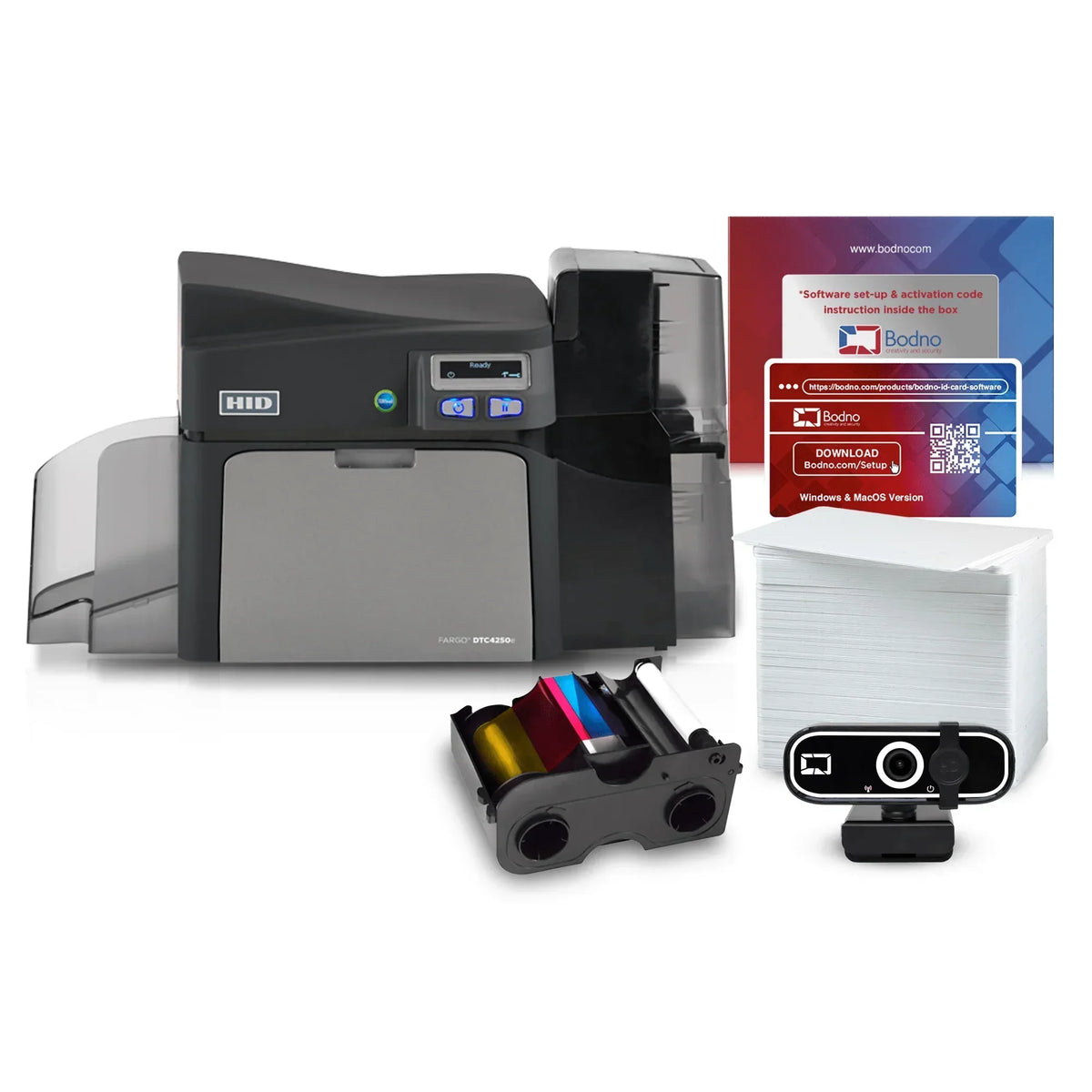HID Fargo DTC4250e ID card printer with ribbon, blank cards, webcam, and software setup guide for business use