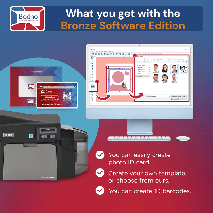 Fargo DTC4250e Single Sided ID Card Printer & Complete Supplies Package with Bodno Bronze Edition ID Software 