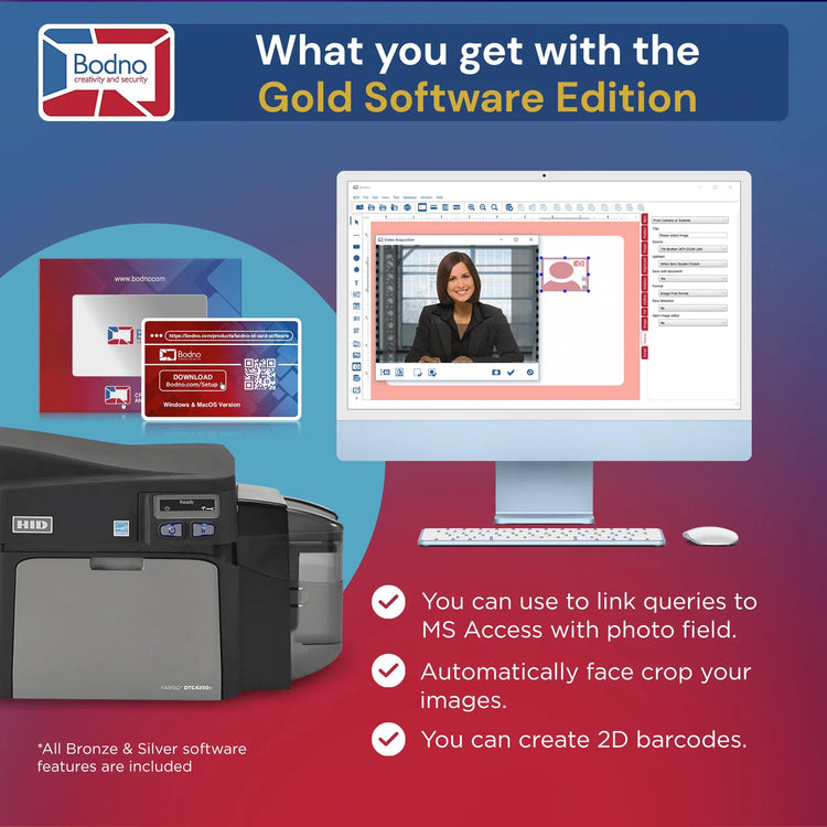 Fargo DTC4250e Single Sided ID Card Printer & Complete Supplies Package with Bodno Gold Edition ID Software 