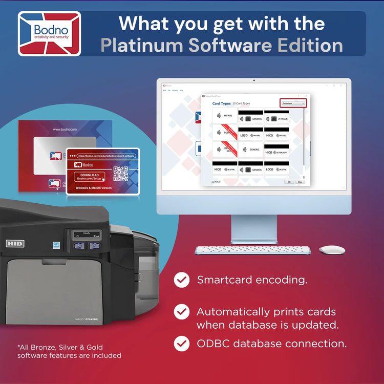 Fargo DTC4250e Single Sided ID Card Printer & Complete Supplies Package with Bodno Platinum Edition ID Software 