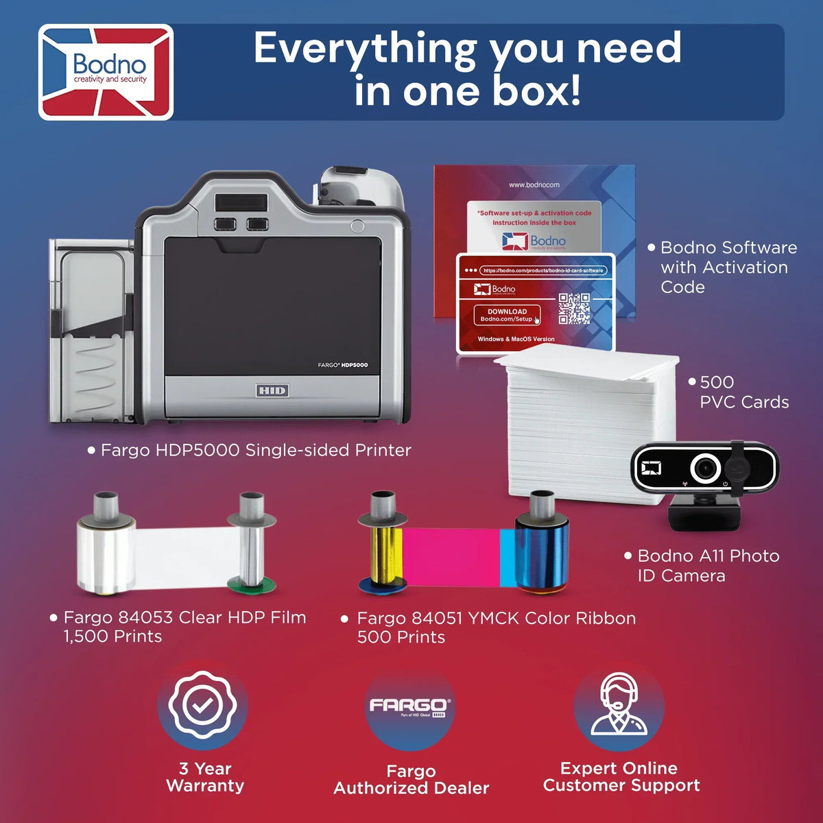 Fargo HDP5000 ID card printer kit with software, PVC cards, ribbons, and photo camera for business ID solutions