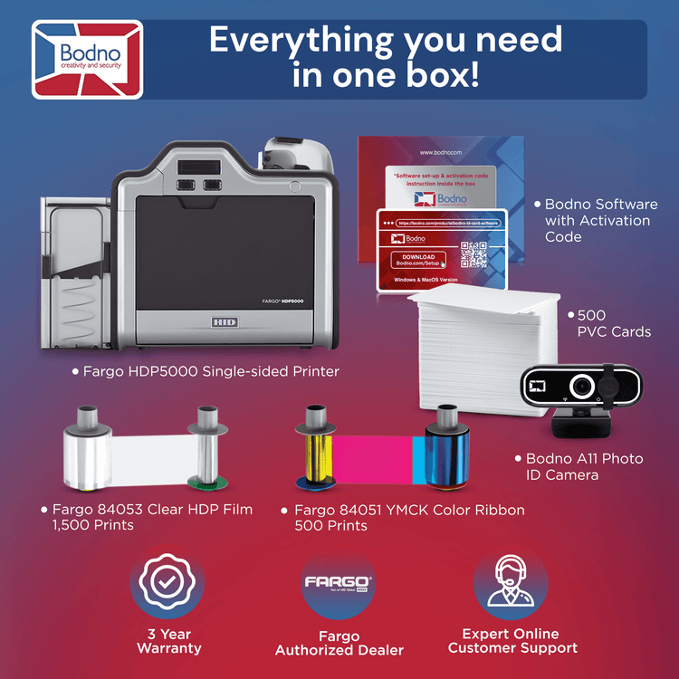 Fargo HDP5000 Single Sided ID Card Printer & Complete Supplies Package with Bodno Bronze Edition ID Software 