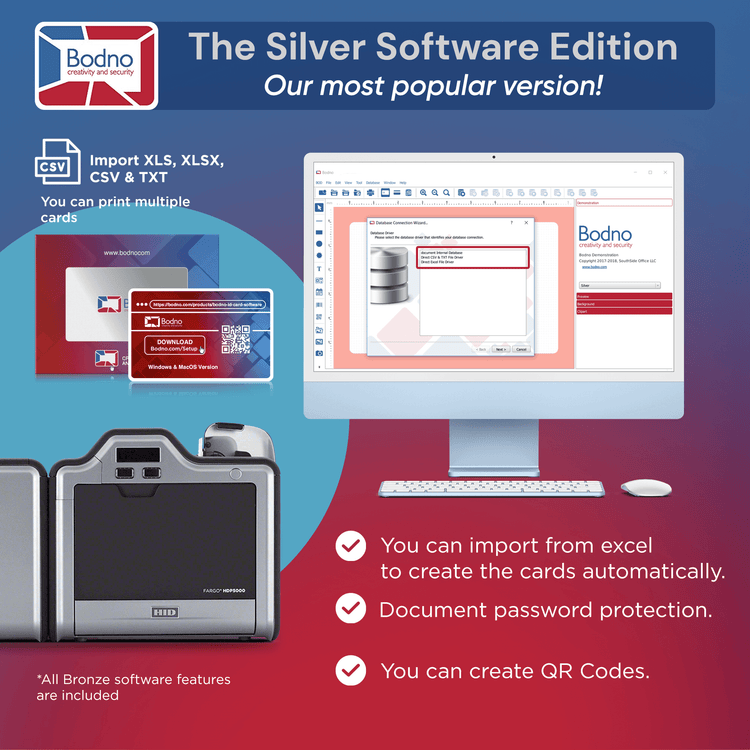 Fargo HDP5000 Dual Sided ID Card Printer & Complete Supplies Package with Bodno Silver Edition ID Software 