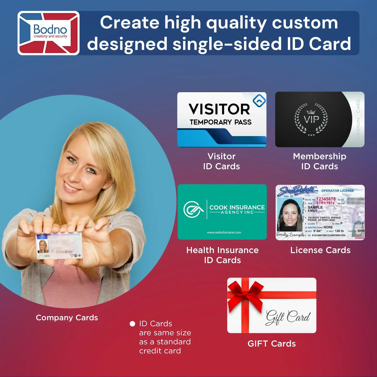 Custom single-sided ID cards: visitor, membership, health insurance, license & gift cards, credit card size