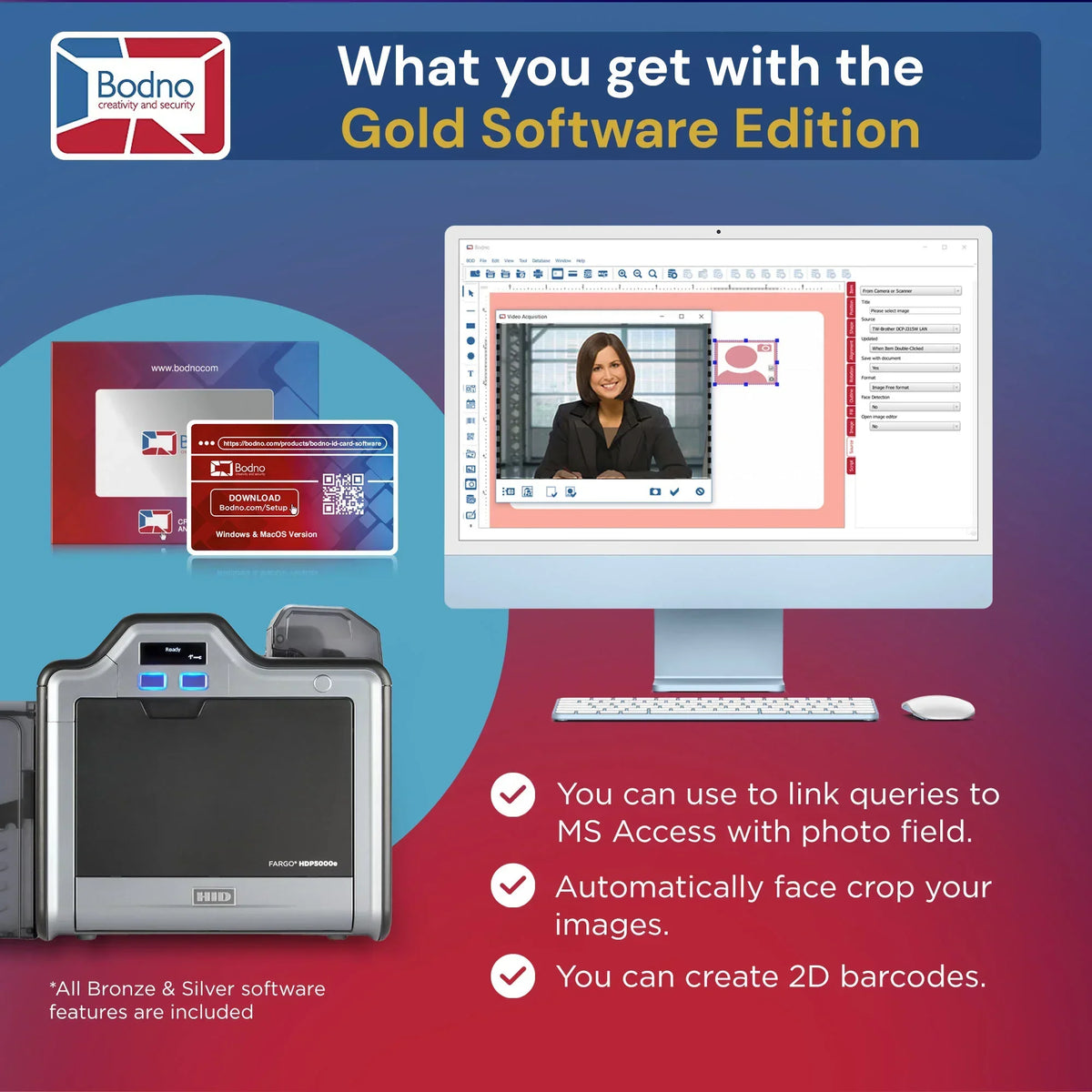 Gold Software Edition for ID card printing with face crop, 2D barcodes, and MS Access integration