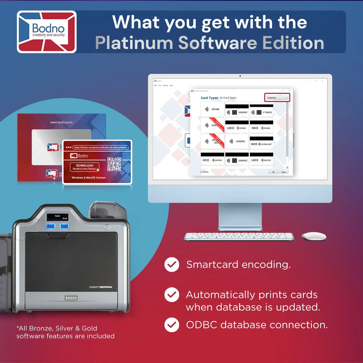 Platinum ID card software with smartcard encoding, auto-print, and ODBC database support for HID Fargo printer