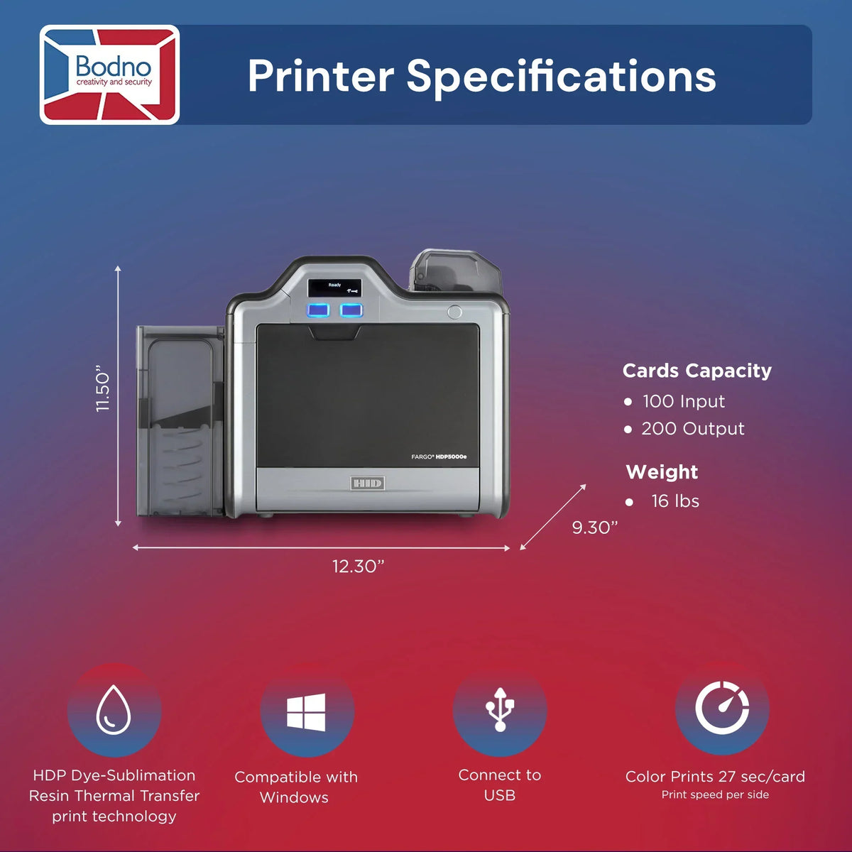 FARGO HDP5000e ID card printer specs: 100-card input, 200-output, 16 lbs, USB, Windows compatible, 27 sec/card print