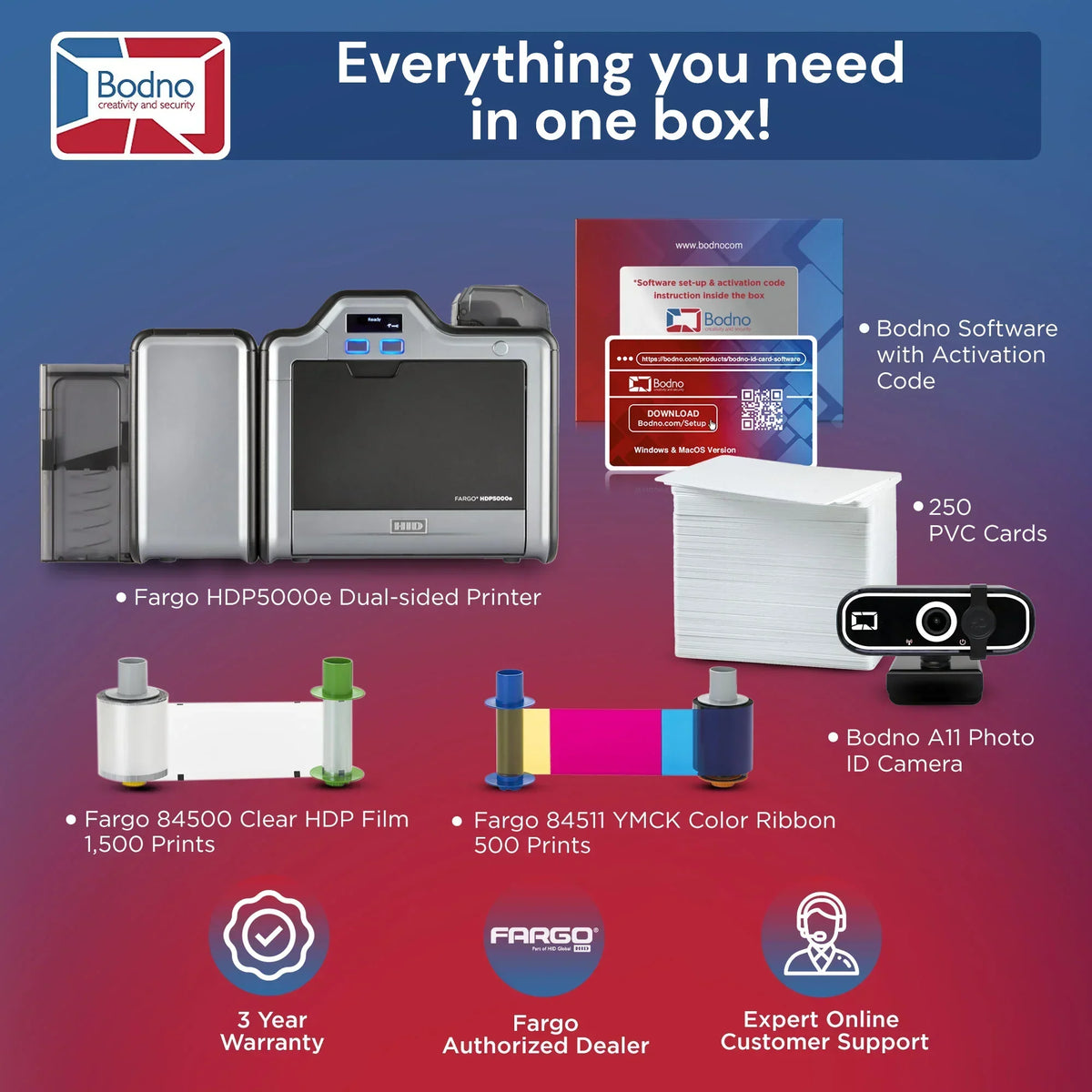 Fargo HDP5000e dual-sided ID card printer bundle with software, PVC cards, ribbons, and photo camera