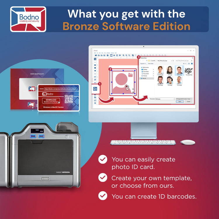 Fargo HDP5000e Dual Sided ID Card Printer & Complete Supplies Package with Bodno Bronze Edition ID Software