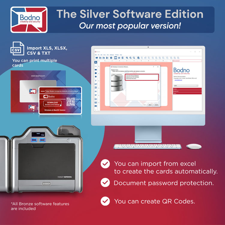 Fargo HDP5000e Dual Sided ID Card Printer & Complete Supplies Package with Bodno Silver Edition ID Software