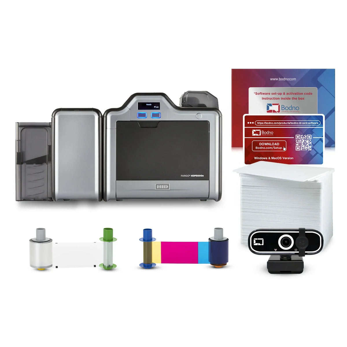 HID Fargo HDP5000e ID card printer with ribbons, blank cards, software, and webcam for secure ID printing