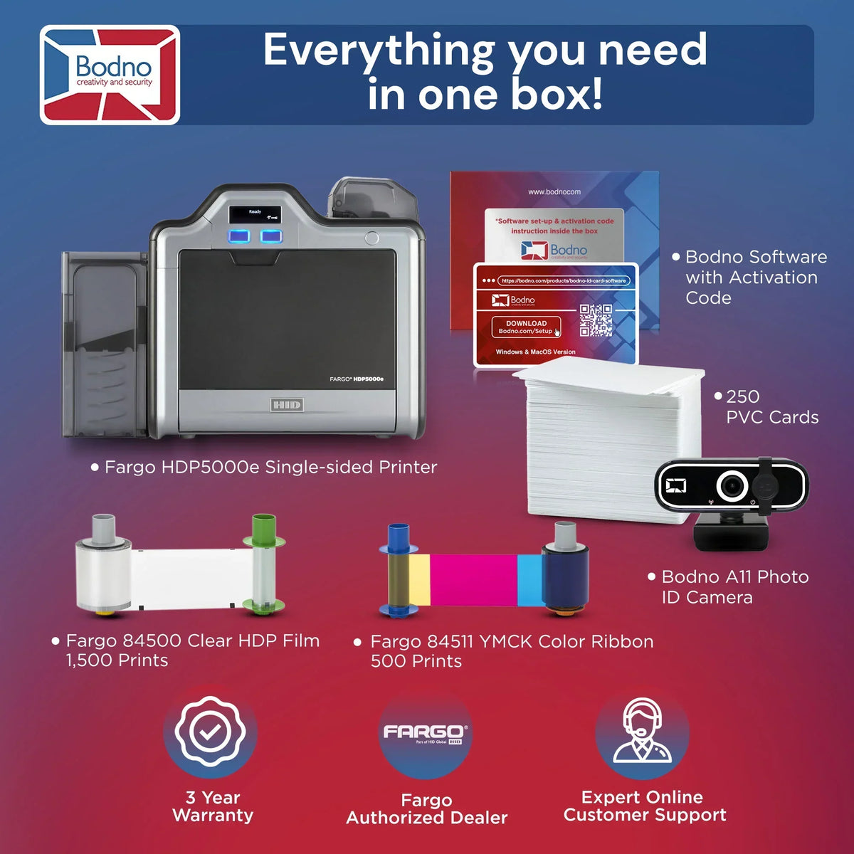 Fargo HDP5000e ID card printer bundle with software, PVC cards, ribbons, camera, and 3-year warranty