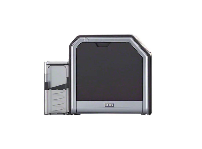 HID ID card printer with open card tray, sleek black and silver design for business or school use