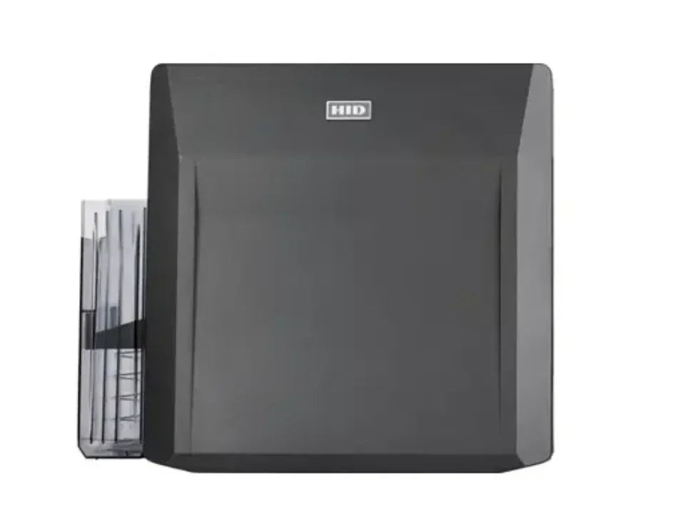 HID ID card printer with clear card input tray for business, school, or healthcare use