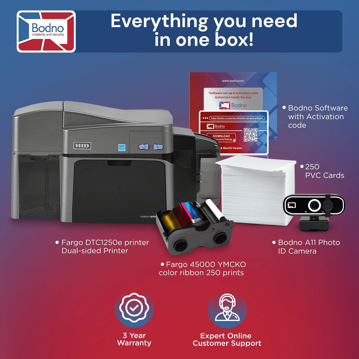 Fargo DTC1250e dual-sided ID card printer kit with software, PVC cards, color ribbon, and photo ID camera