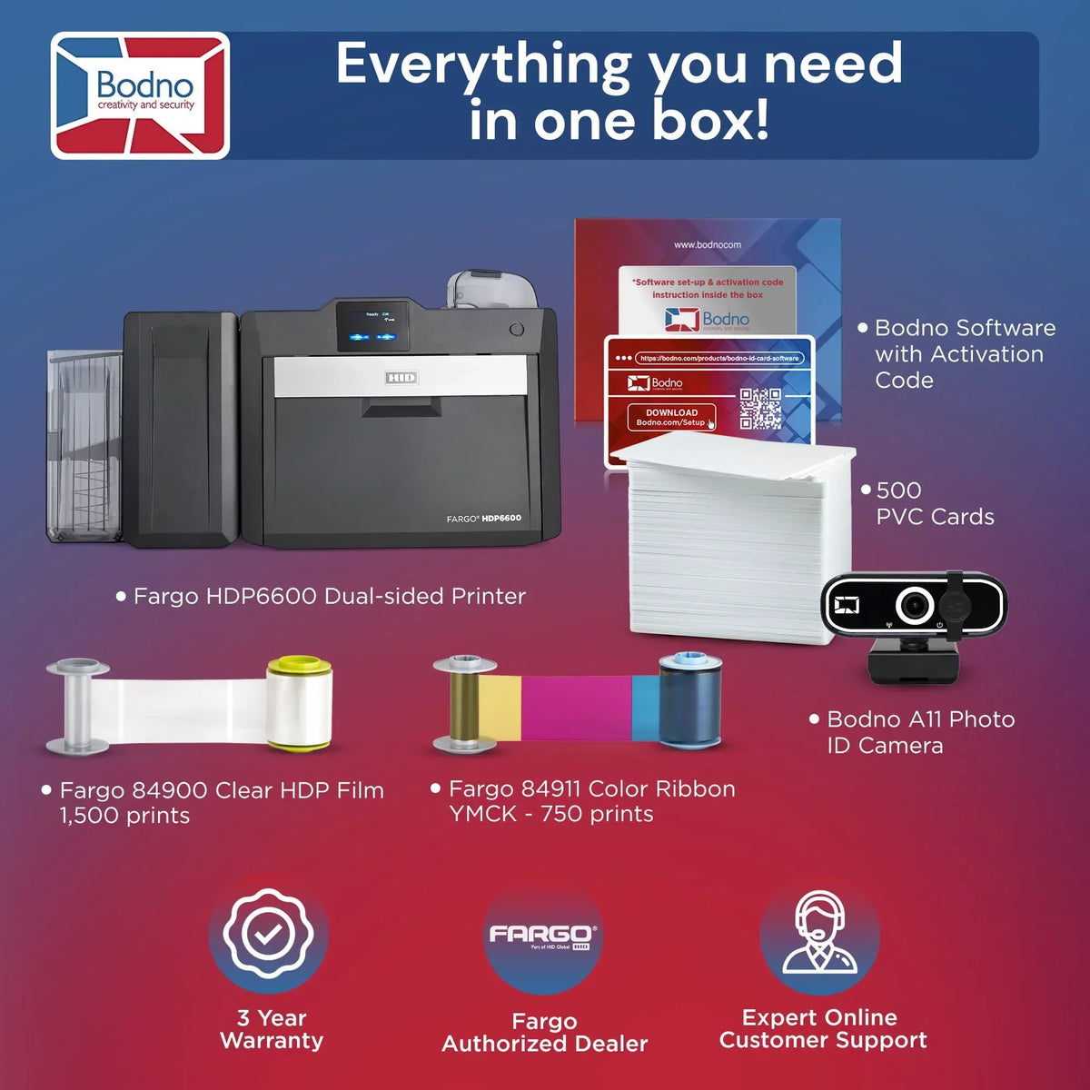 Fargo HDP6600 dual-sided ID card printer bundle with software, PVC cards, ribbons, and photo camera for business ID solutions