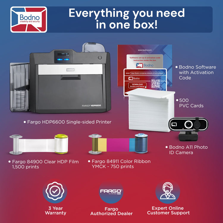 Fargo HDP6600 Single Sided ID Card Printer & Supplies Package - Bodno Bronze Edition Software