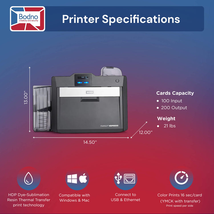 Fargo HDP6600 Single Sided ID Card Printer & Supplies Package - Bodno Bronze Edition Software