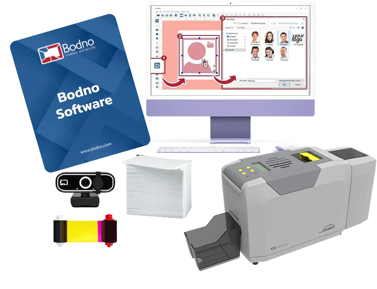 A Bodno ID card printer kit with Bodno ID Card Software, a color ribbon and printed ID cards