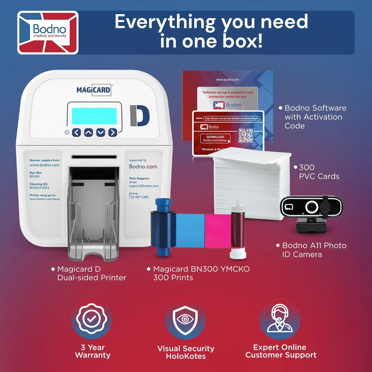 Magicard D dual-sided ID card printer kit with software, PVC cards, photo camera, and ink for business ID printing
