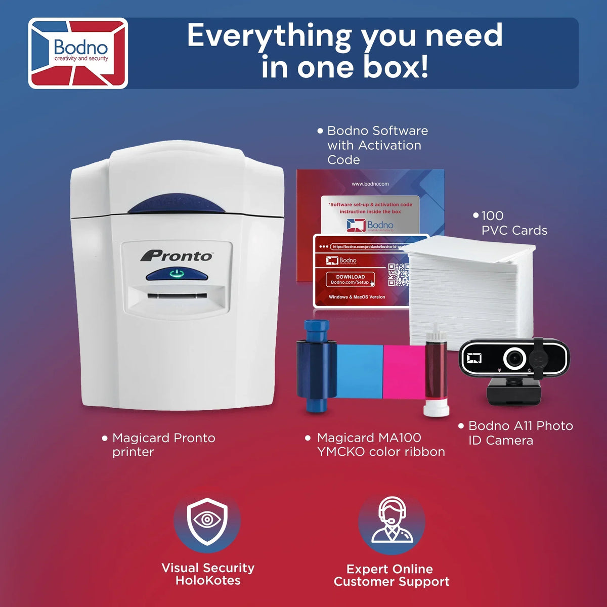 Magicard Pronto ID card printer kit with software, PVC cards, color ribbon, and photo camera for business ID solutions