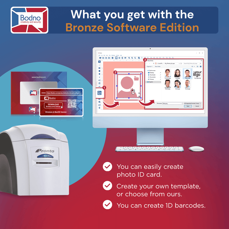 Magicard Pronto ID Card Printer & Complete Supplies Package with Bodno Bronze Edition ID Software 