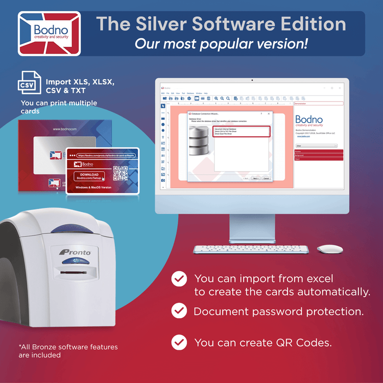 Magicard Pronto ID Card Printer & Complete Supplies Package with Bodno Silver Edition ID Software 