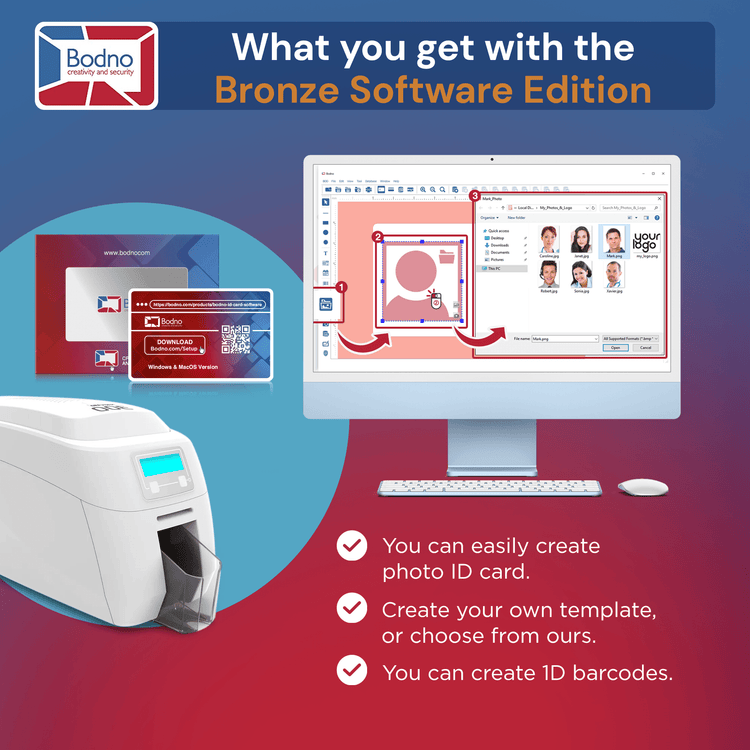 Magicard 300 Single Sided ID Card Printer & Complete Supplies Package with Bodno Bronze Edition ID Software 