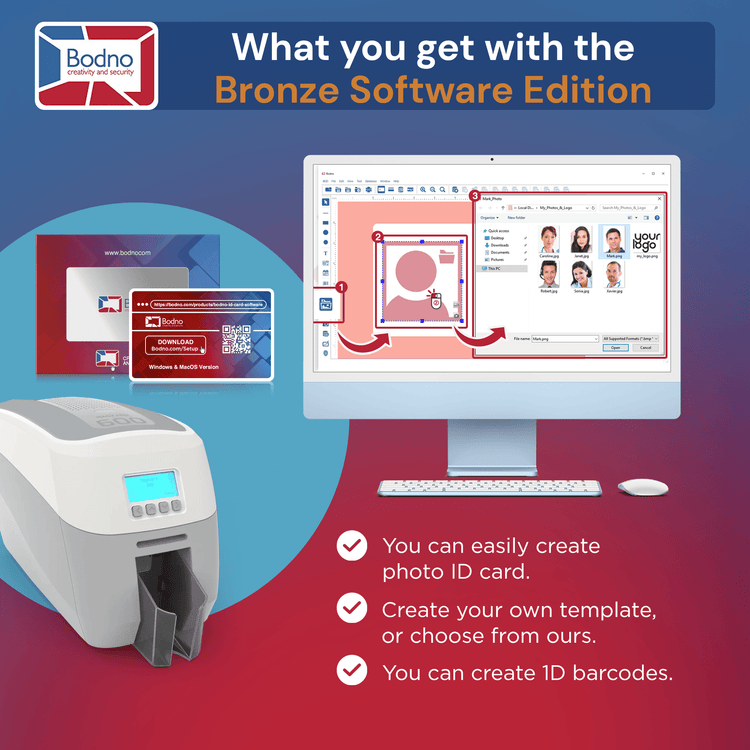 Magicard 600 Single Sided ID Card Printer & Complete Supplies Package with Bodno Bronze Edition ID Software 